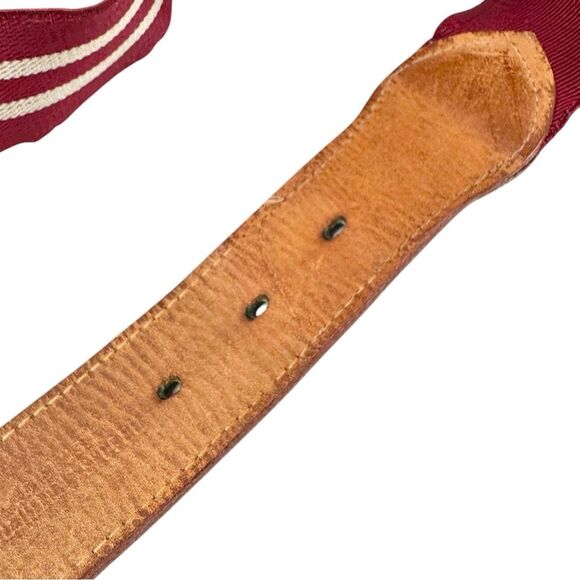 Brooks Brothers Vintage Red Cream Striped Brass Buckle Leather Trim Belt Men’s - Picture 3 of 11